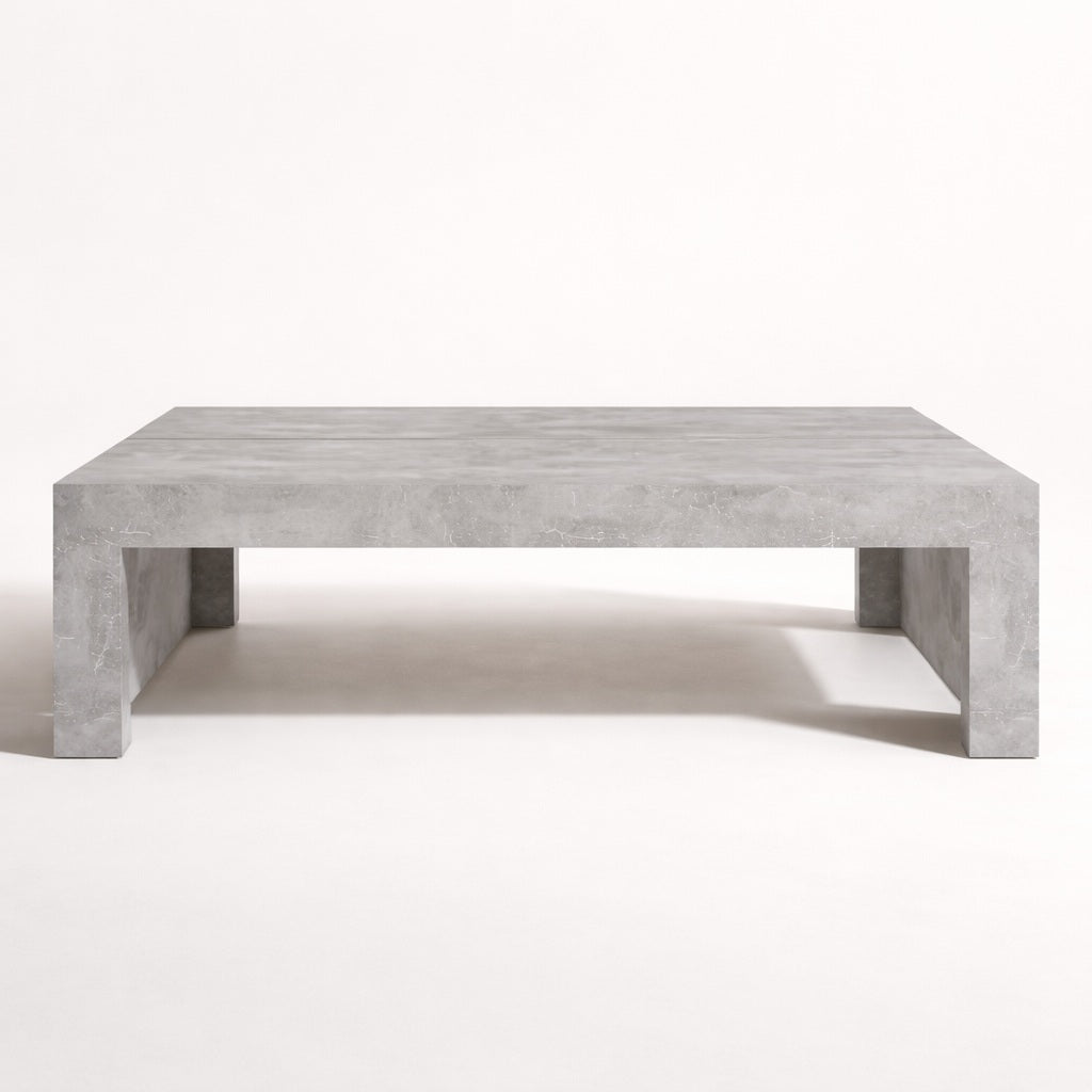 Table basse de salon grise design béton, table basse moderne aux volumes massifs et élégants