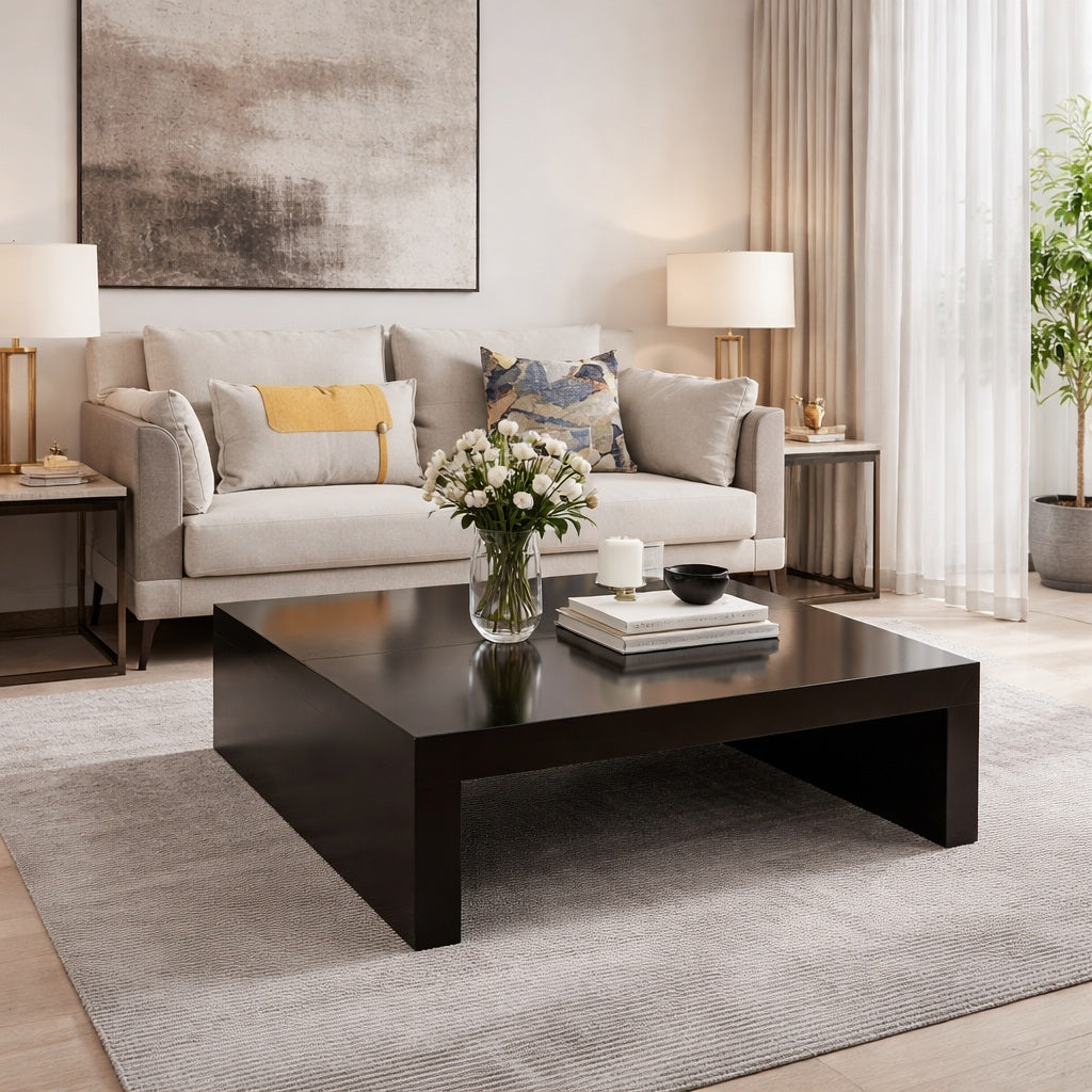 Table basse noire dans un salon élégant, table basse de salon design au rendu chic et minimaliste