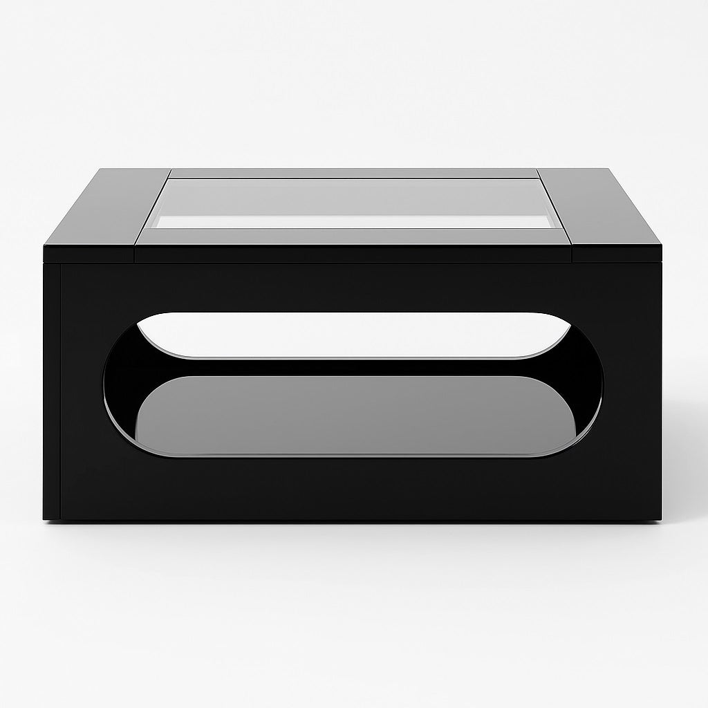 Vue frontale d’une table basse design noire avec plateau en verre et structure ajourée moderne.