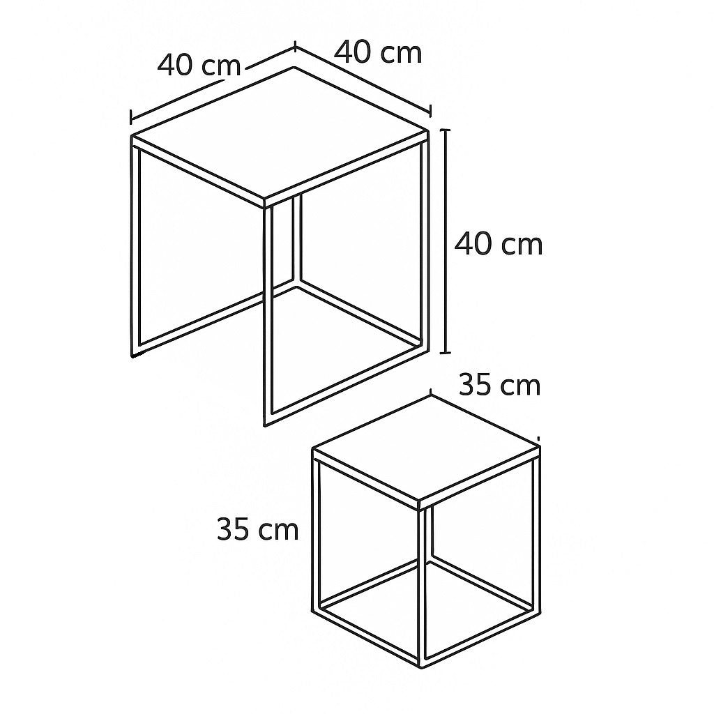 Schéma des tables basses gigognes noires, dimensions 40x40 cm et 35x35 cm.