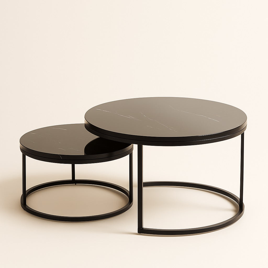 Table basse gigognes ronde Eclipso en marbre noir et métal noir, style contemporain.