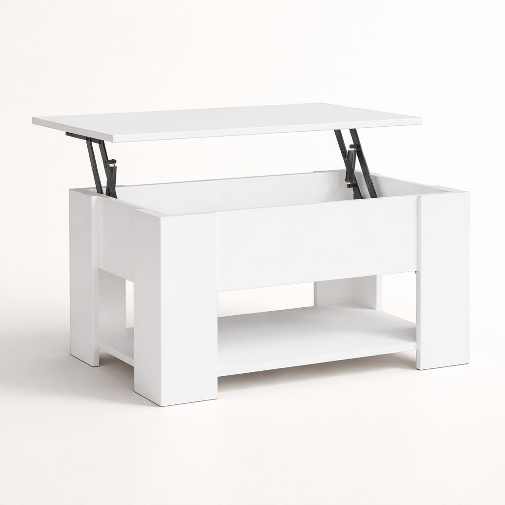 Table basse de salon blanche relevable avec plateau ouvrant et rangement intérieur, design moderne et lignes épurées