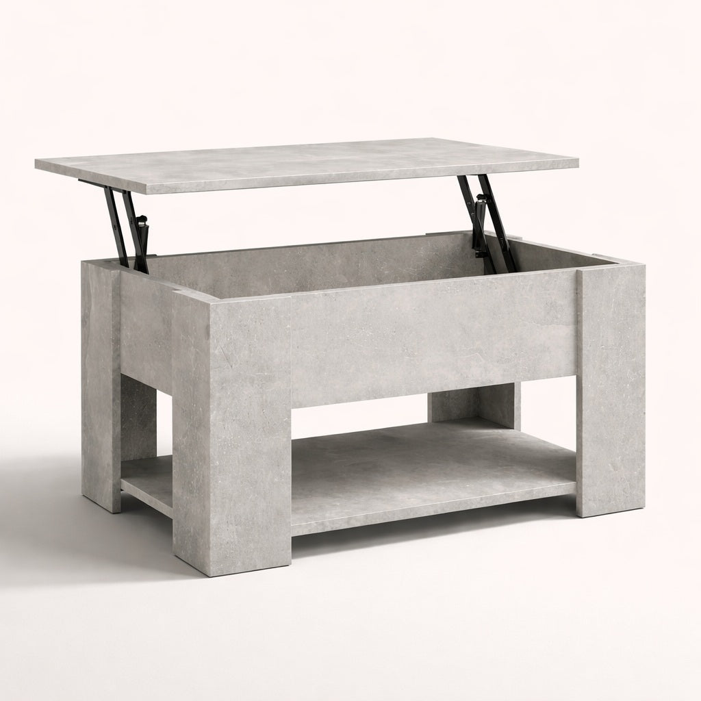 Table basse de salon relevable effet béton avec plateau ouvrant et rangement, style moderne et minéral