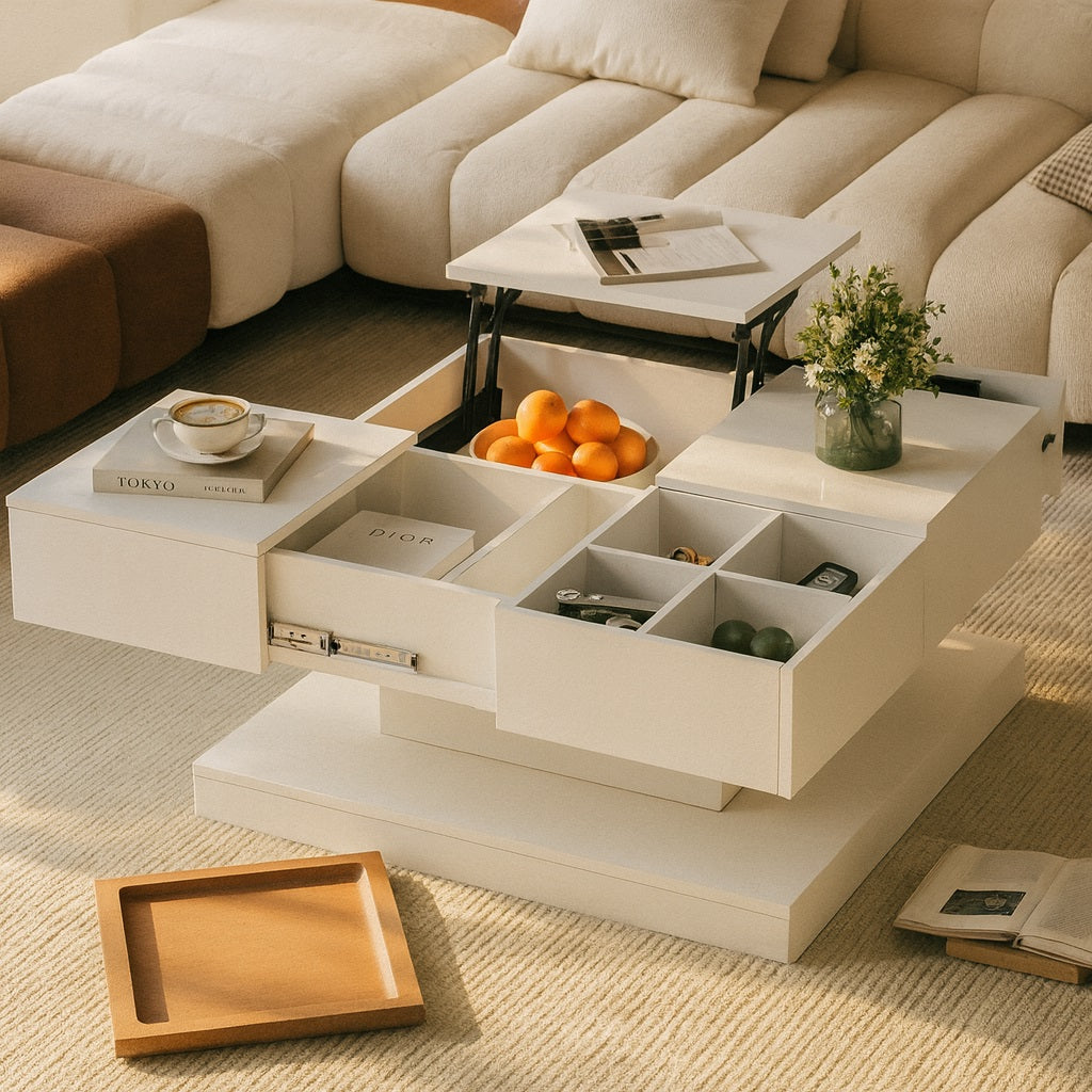 Table basse relevable blanche mise en scène dans un salon chaleureux, design fonctionnel et épuré.