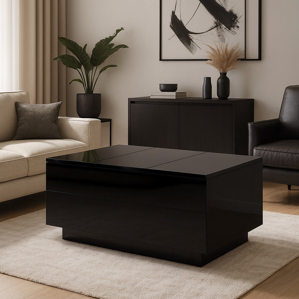 Table basse relevable noire dans salon moderne beige, design chic et fonctionnel avec rangement intégré.