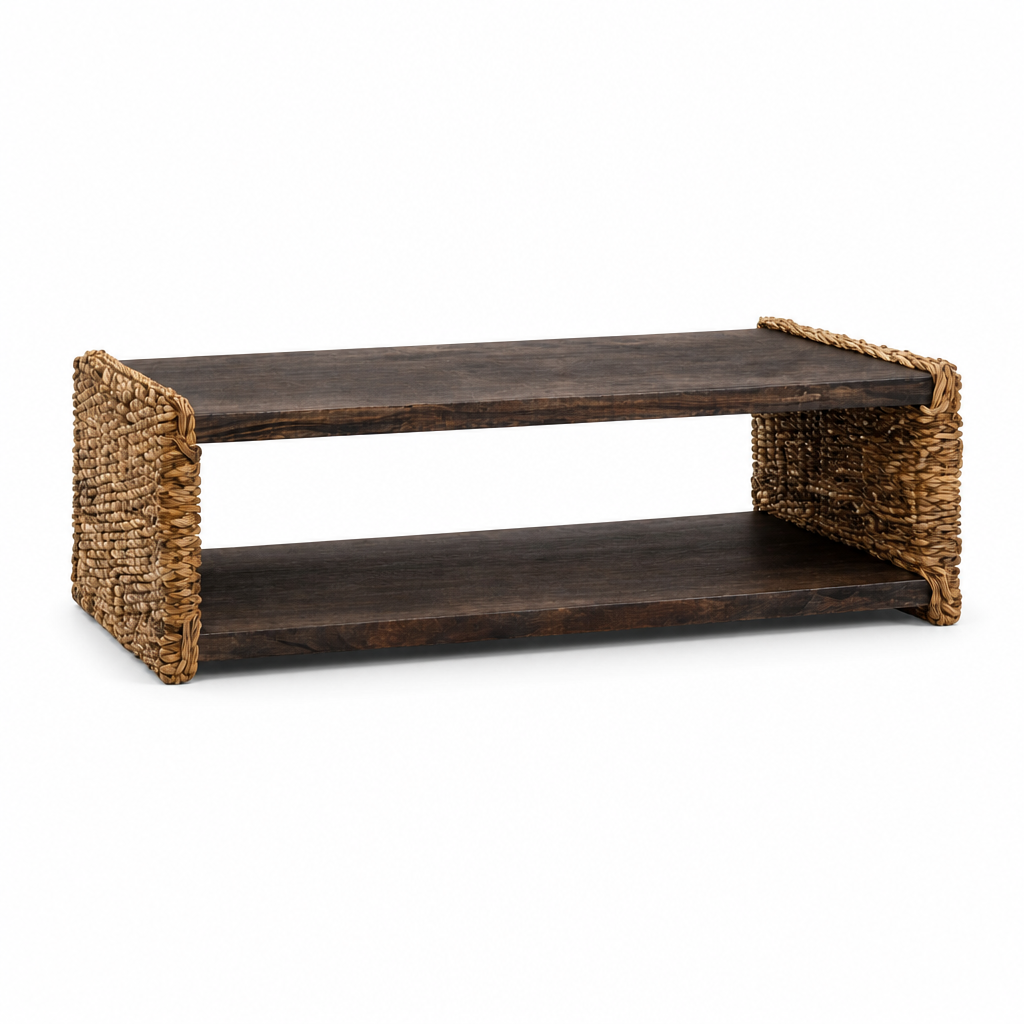 Table basse en acajou massif Manoa, vue de face avec structure ouverte et panneaux tressés