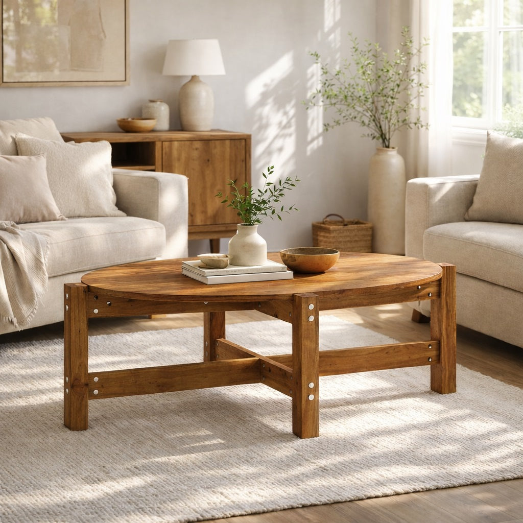 Table basse en bois ovale en situation dans un salon cosy au style naturel et authentique.