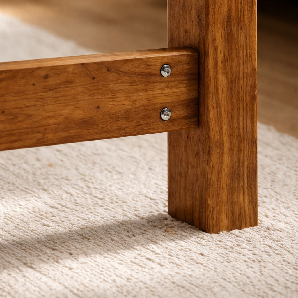 Zoom sur le piètement d’une table basse en bois massif, assemblage solide et vis apparentes.
