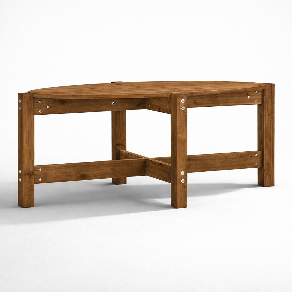 Perspective latérale d’une table basse en bois ovale, design rustique et lignes épurées.