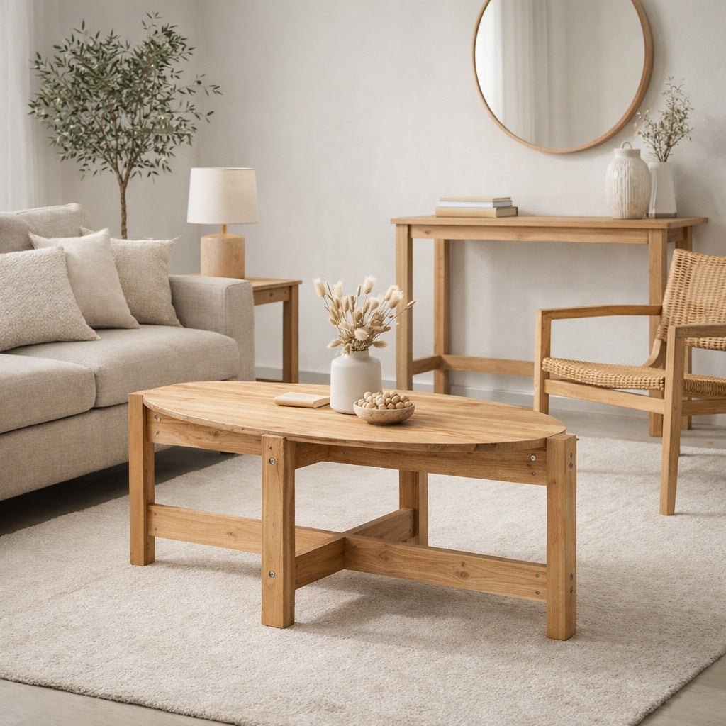 Table basse en bois ovale au style naturel, mise en situation dans un salon chaleureux et lumineux.
