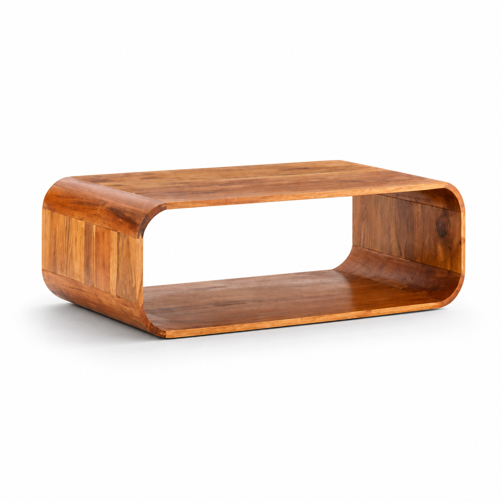 Table basse en bois d'acacia massif Nysa, vue de face avec design loop