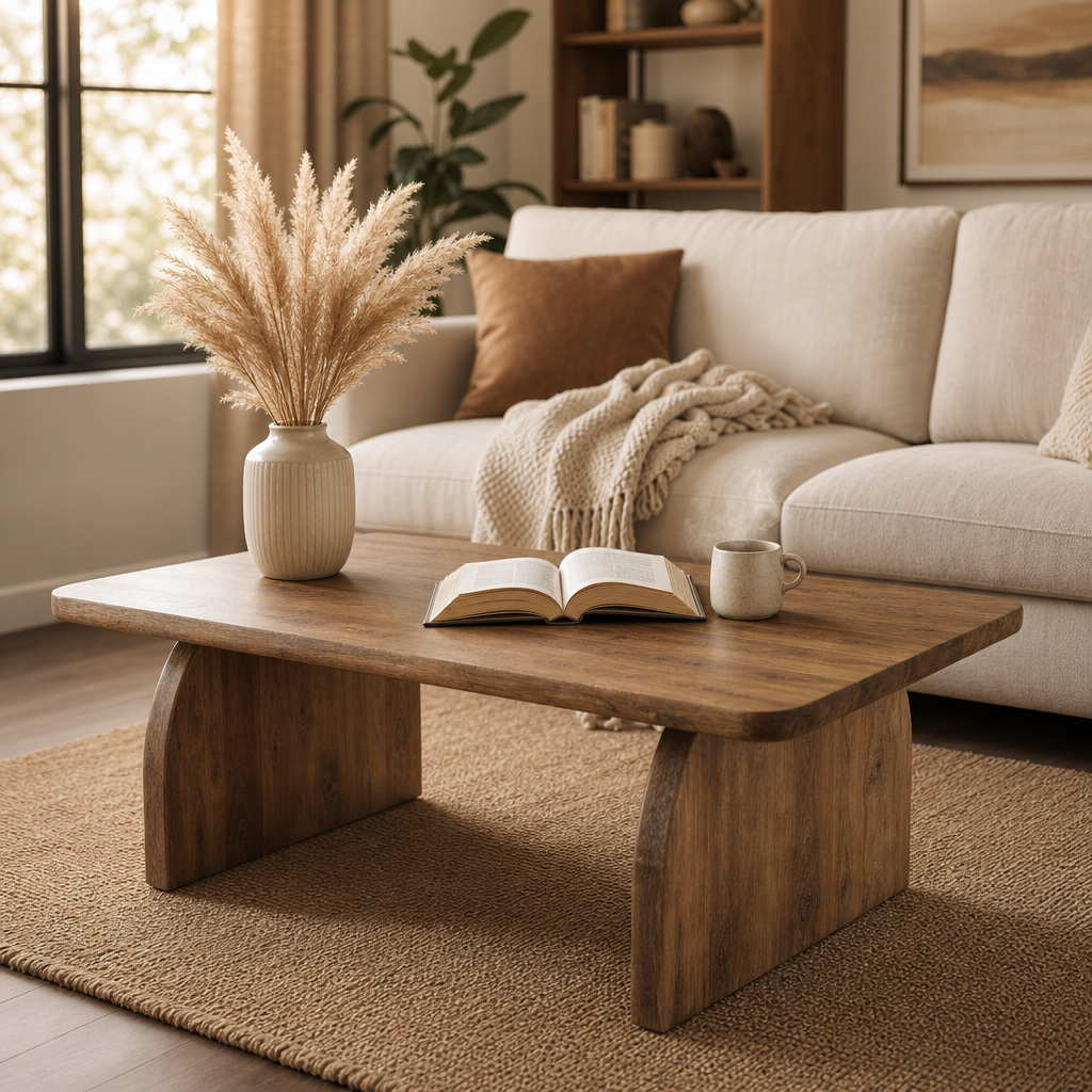 Table basse Aspen en bois, en situation dans un salon chaleureux aux tons beiges avec canapé et tapis en jute
