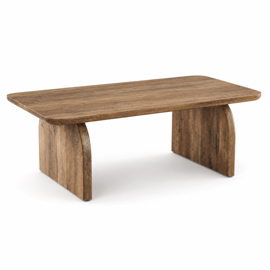 Table basse en bois Aspen, vue en angle avec pieds courbes en bois massif