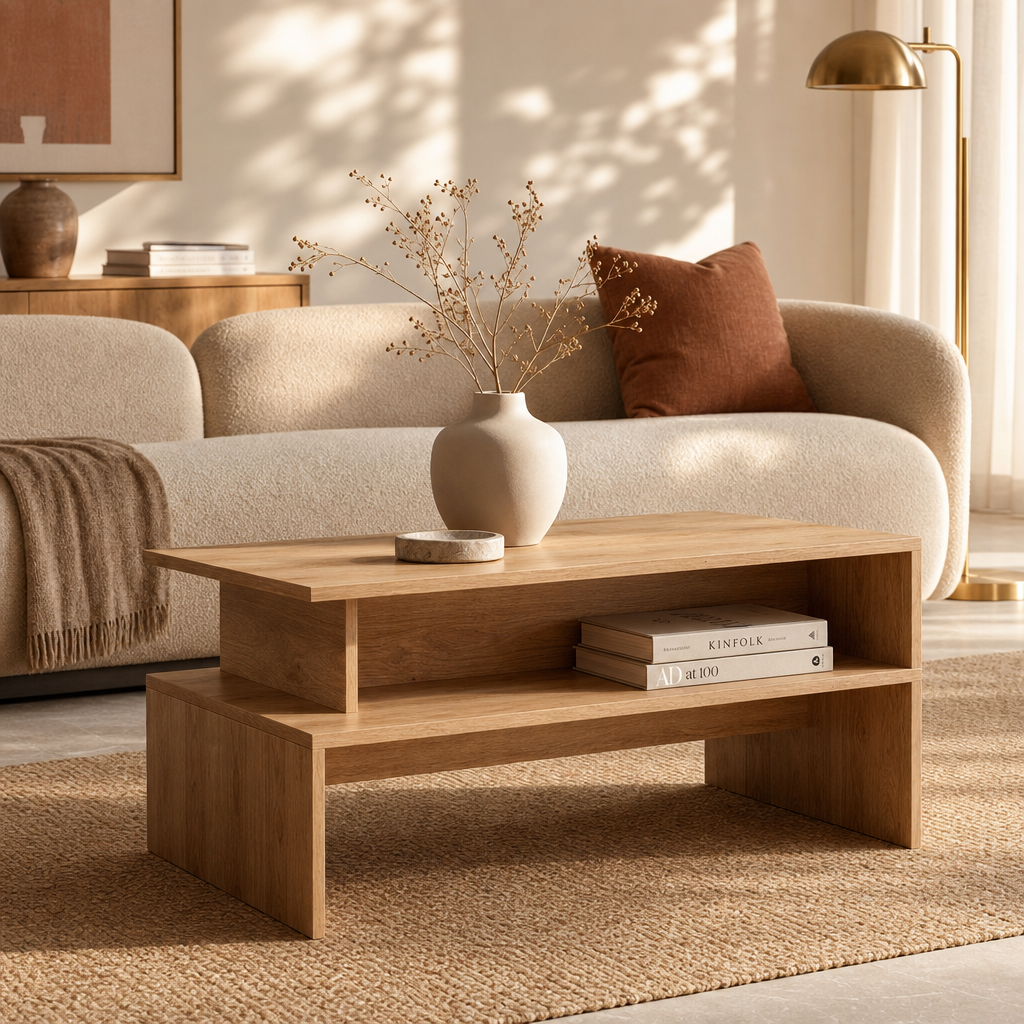 Table basse en bois Bergen en situation dans un salon chaleureux avec canape beige et coussin terracotta