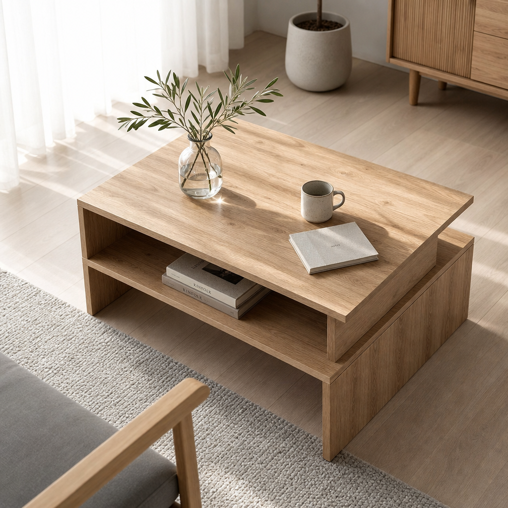Table basse en bois Bergen en situation dans un salon lumineux avec fauteuil bois et tapis beige
