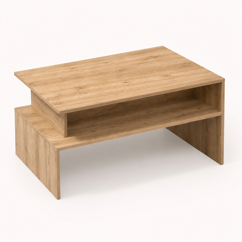 Table basse en bois Bergen a deux niveaux, vue d angle sur fond blanc
