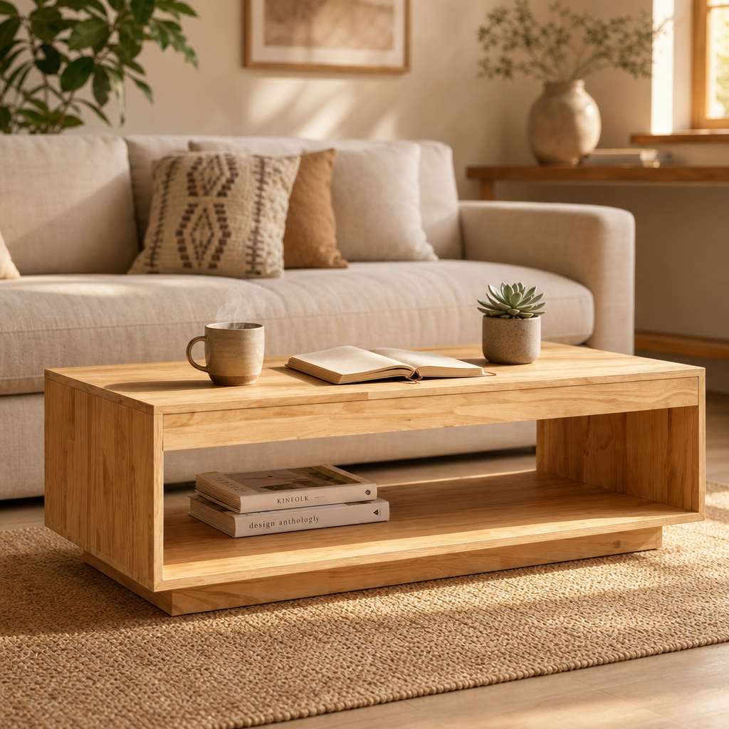 Table basse en bois clair Horizon en situation dans un salon cosy avec plante, tasse et livre