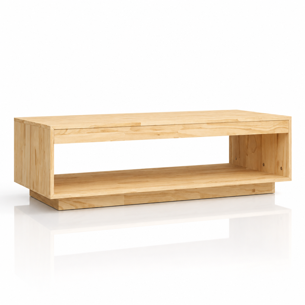 Table basse en bois clair Horizon avec structure ouverte, vue d angle sur fond blanc