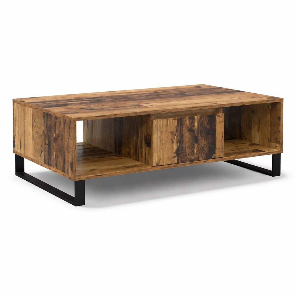 Table basse en bois CORÉA finition bois ancien, design rectangulaire avec rangements intégrés et pieds métal noir.