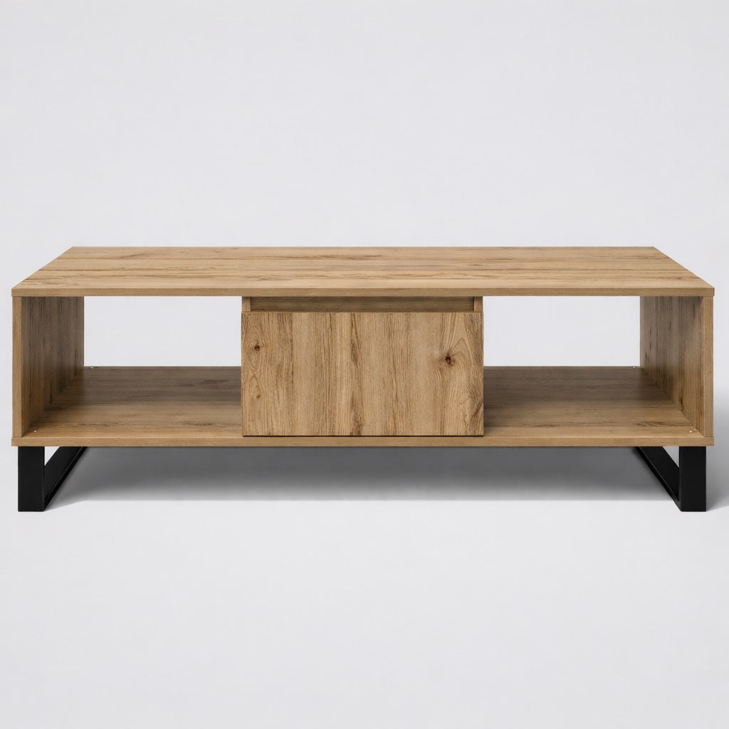 Table basse en bois CORÉA chêne clair, vue angle mettant en valeur les volumes et la finition naturelle.