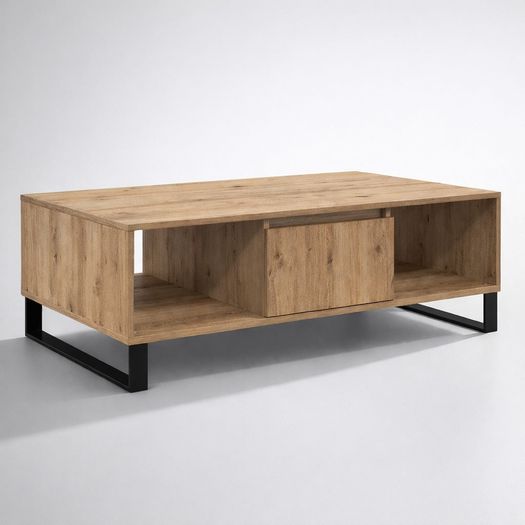 Table basse en bois CORÉA chêne clair, lignes épurées avec rangements centraux et piètement métal noir.