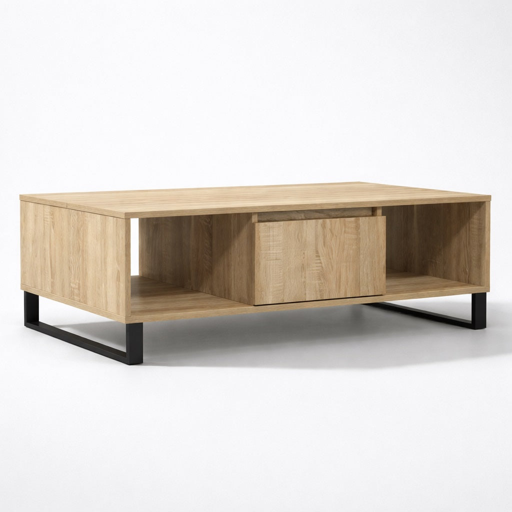Table basse en bois avec compartiment central et piètement noir, parfaite pour un intérieur chaleureux.