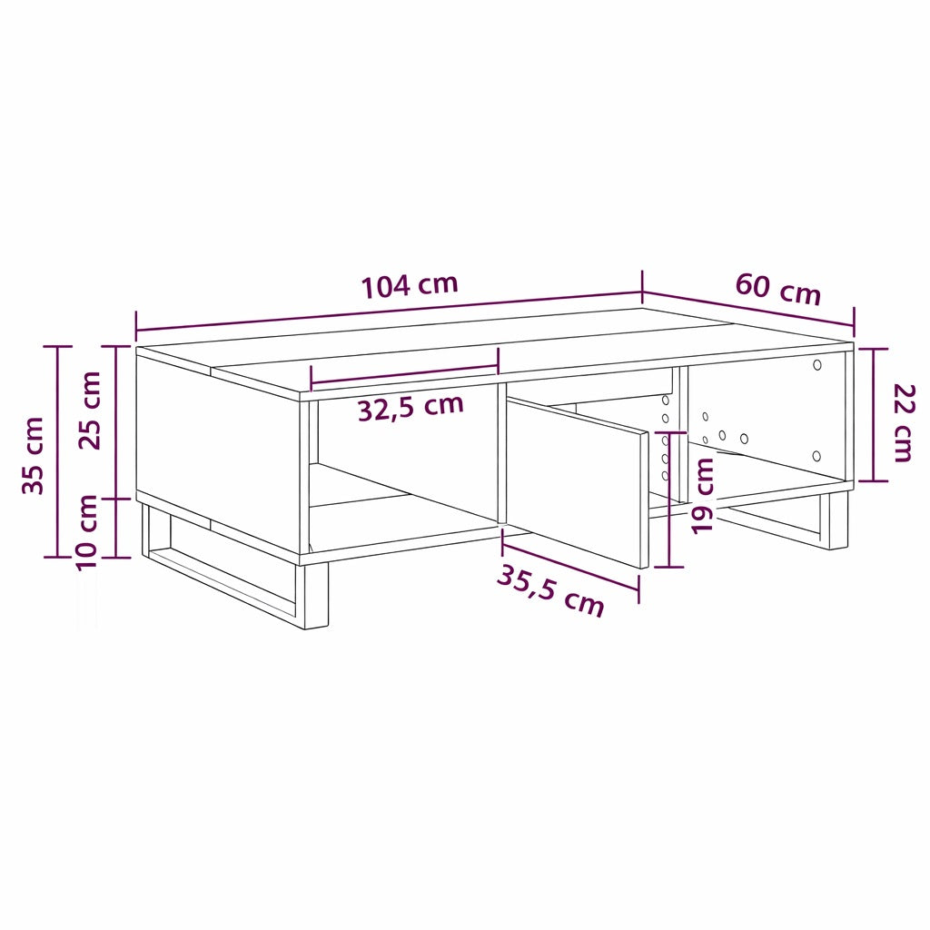 Schéma dimensions table basse en bois avec rangements, meuble fonctionnel pour salon contemporain.