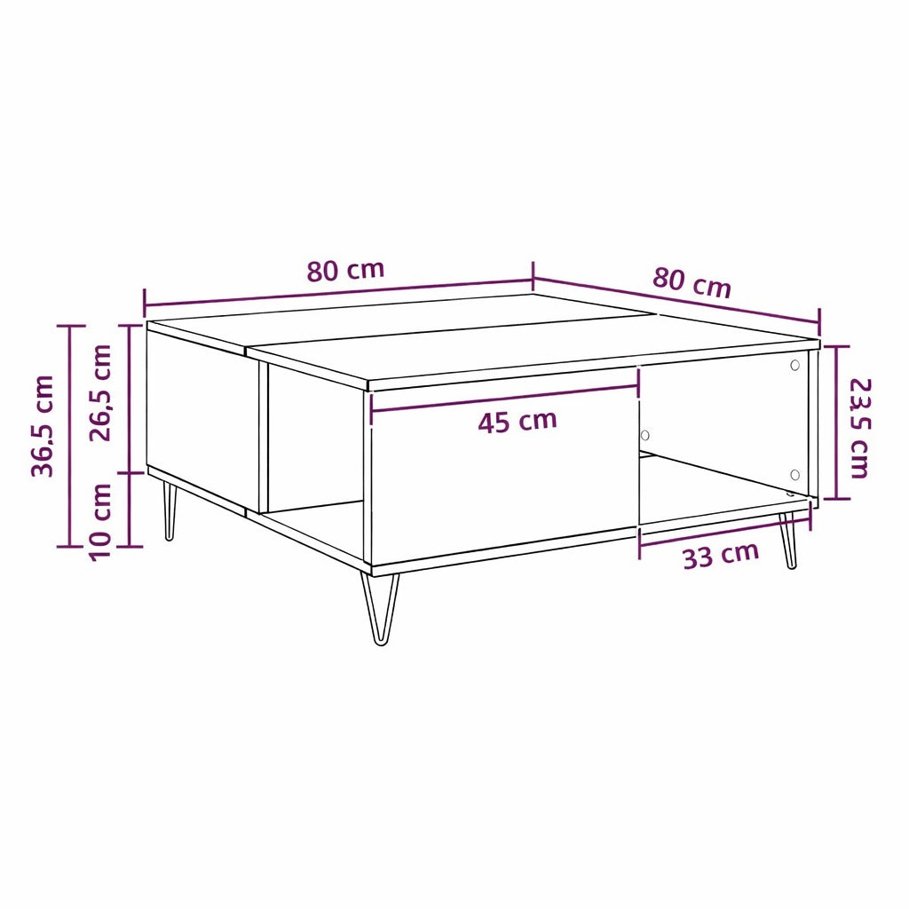 Schéma dimensions table basse en bois avec rangements, format compact et fonctionnel pour table basse de salon.