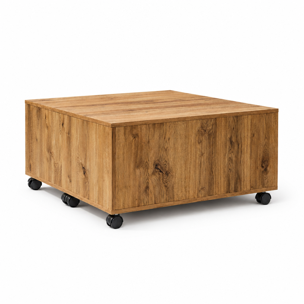 Table basse en bois Kyoto carree sur roulettes, vue d angle sur fond blanc
