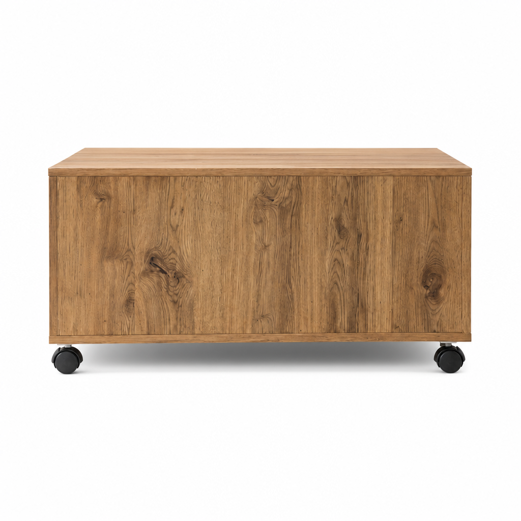 Table basse en bois Kyoto sur roulettes, vue de face sur fond blanc