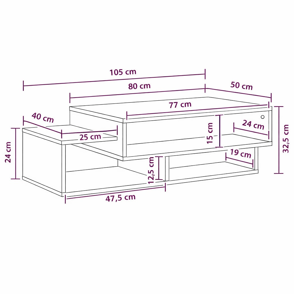 Schéma technique de table basse en bois avec dimensions détaillées, meuble de salon fonctionnel et structuré.