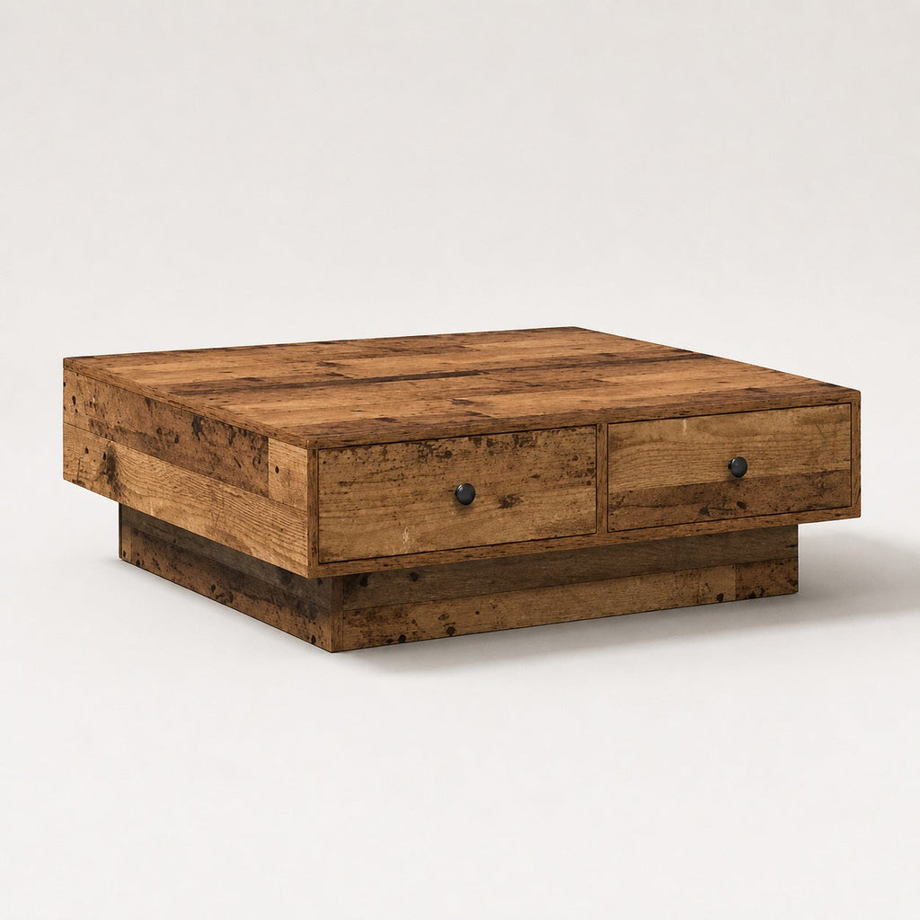 Table basse en bois massif rustique avec tiroirs, table basse de salon style authentique et naturel