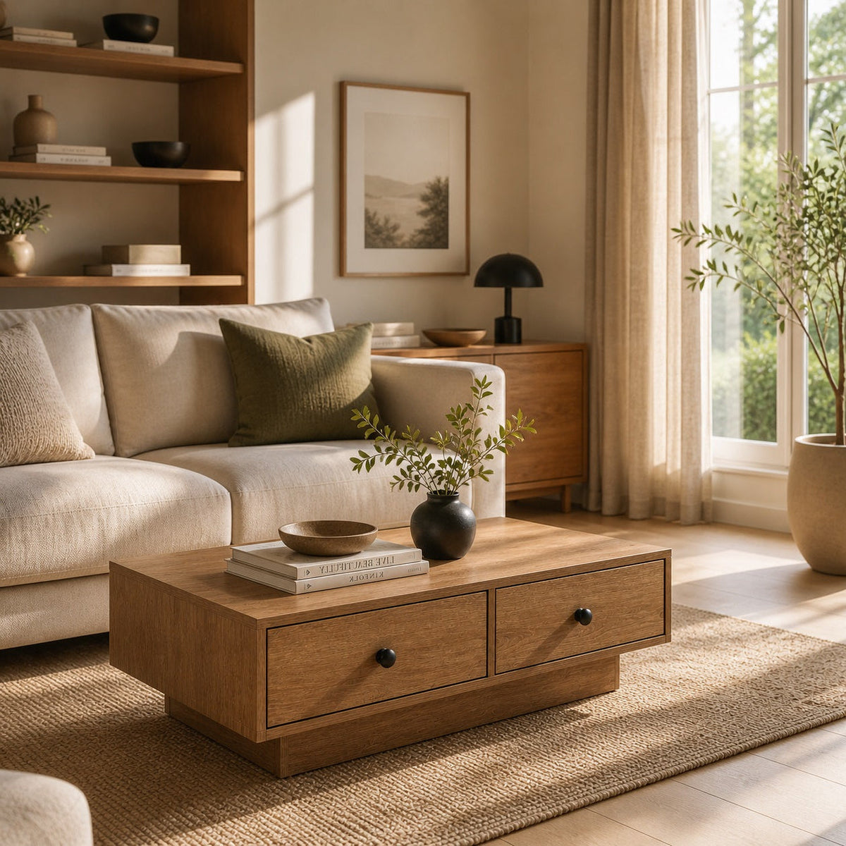 Table basse en bois chêne dans salon lumineux, table basse de salon élégante et naturelle