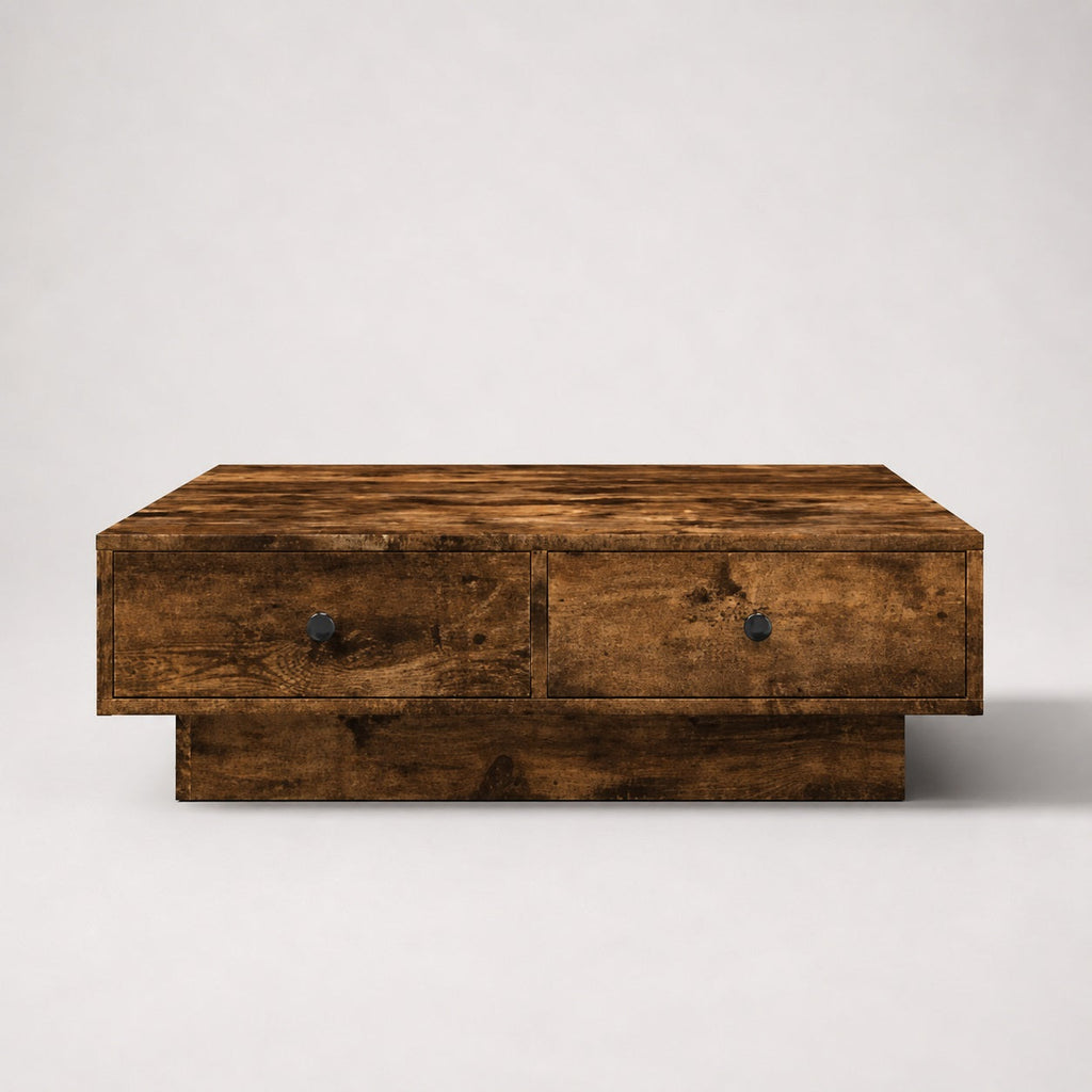Table basse en bois chêne fumé vue face avec tiroirs, table basse de salon moderne