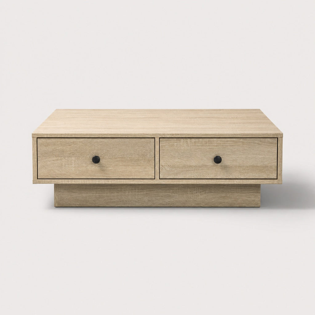 Table basse en bois chêne clair vue face avec tiroirs, table basse de salon épurée et fonctionnelle