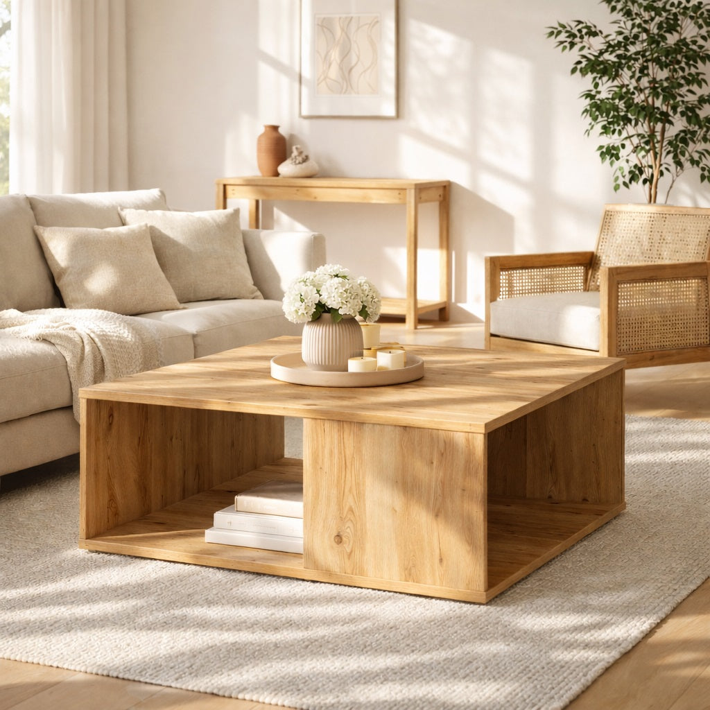 Table basse en bois intégrée dans un salon lumineux, créant une table basse de salon chaleureuse et contemporaine.