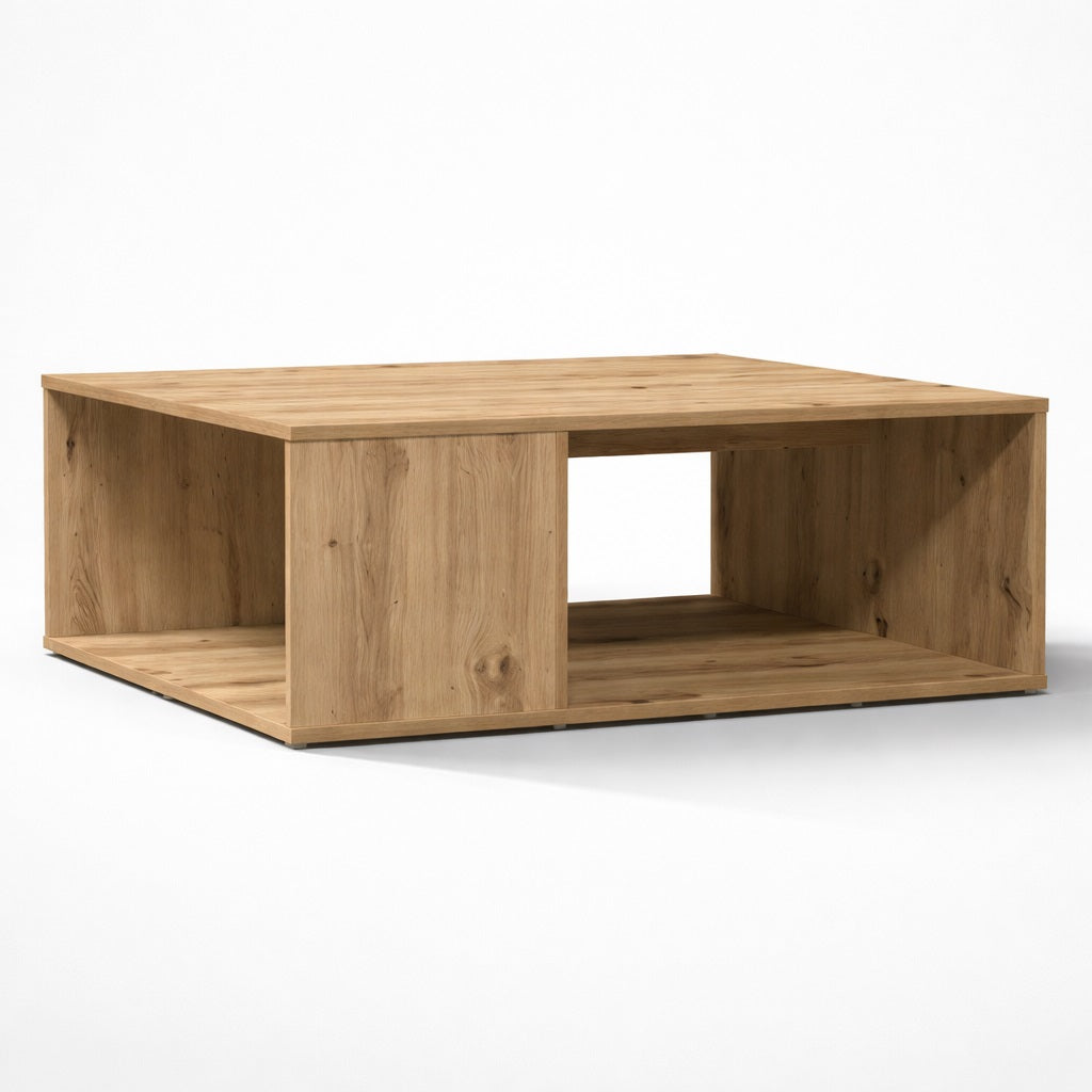 Table basse en bois au design rectangulaire avec rangements ouverts, idéale comme table basse de salon moderne et naturelle.