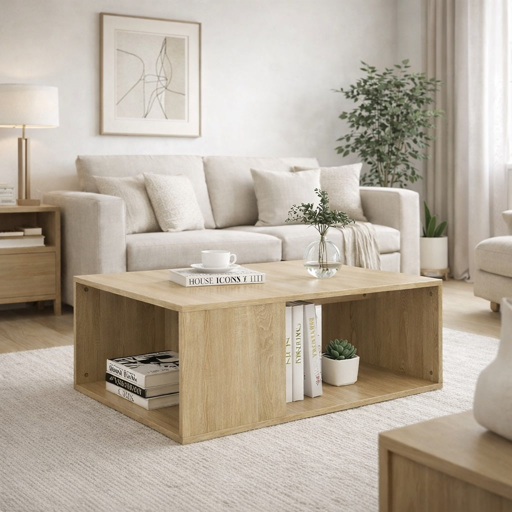Table basse en bois au design épuré, avec rangements ouverts, idéale comme table basse de salon chaleureuse et contemporaine.