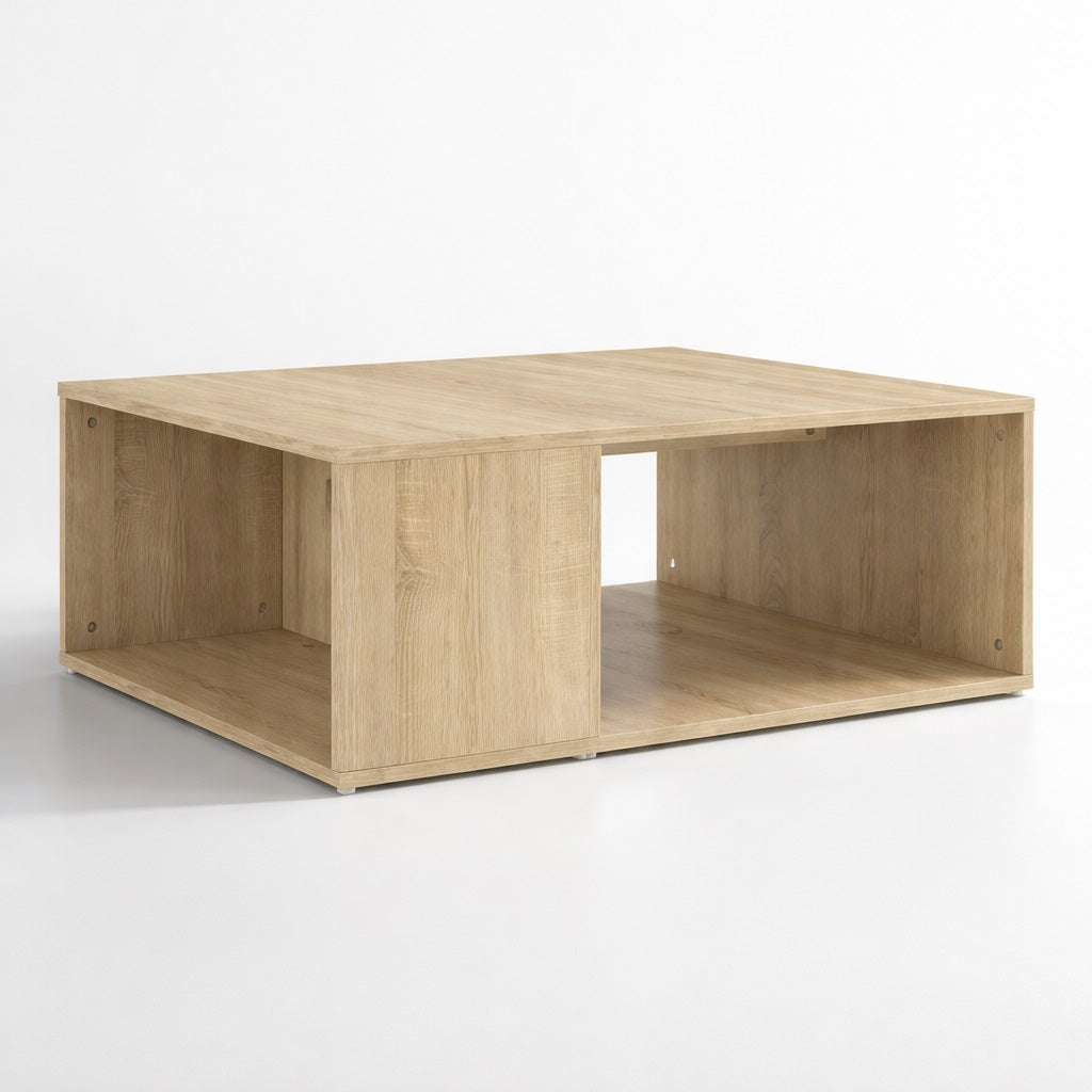 Table basse en bois finition chêne clair avec rangements ouverts, pensée pour une table basse de salon épurée.