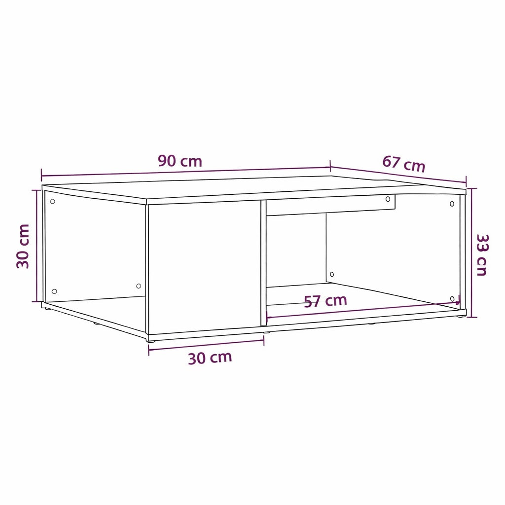 Schéma technique d’une table basse en bois de salon avec rangements intégrés, indiquant dimensions et structure fonctionnelle.