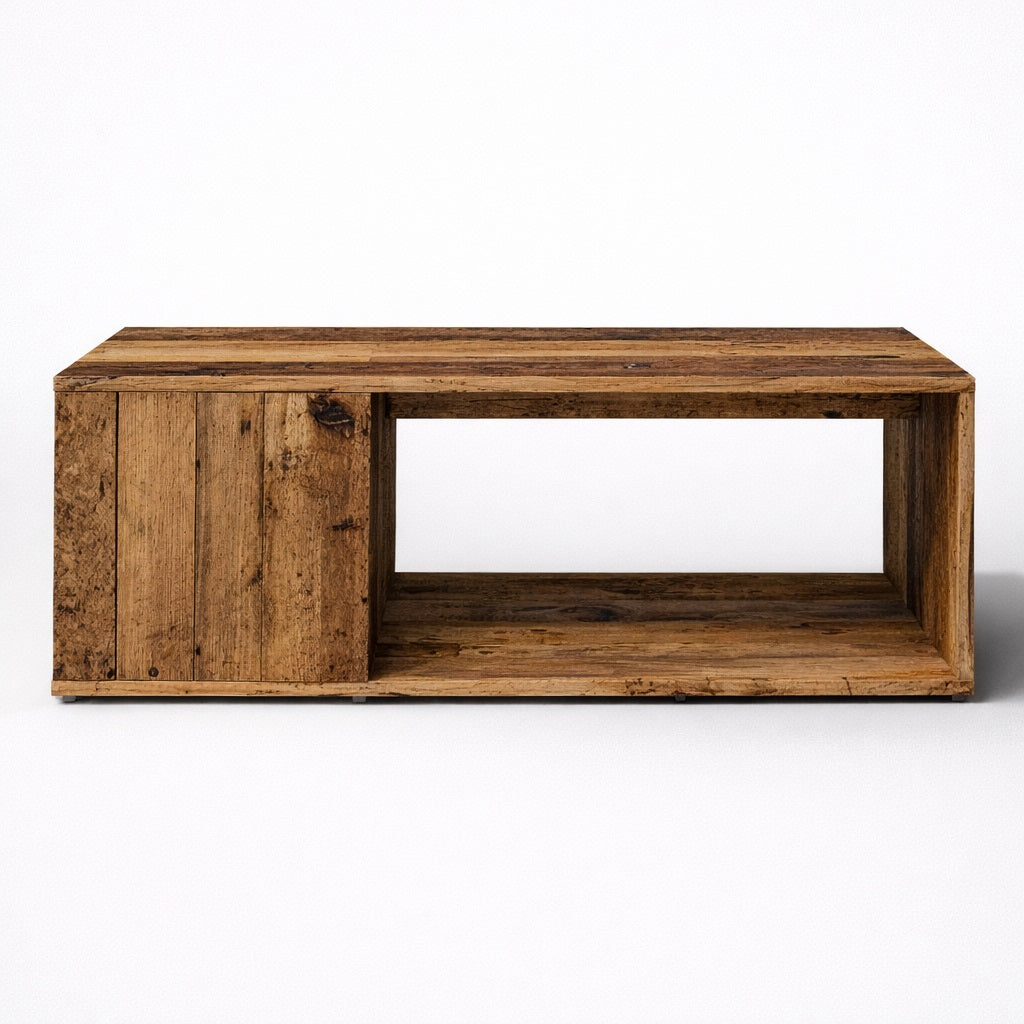 Table basse de salon en bois massif, finition bois recyclé, avec rangements ouverts et lignes sobres.