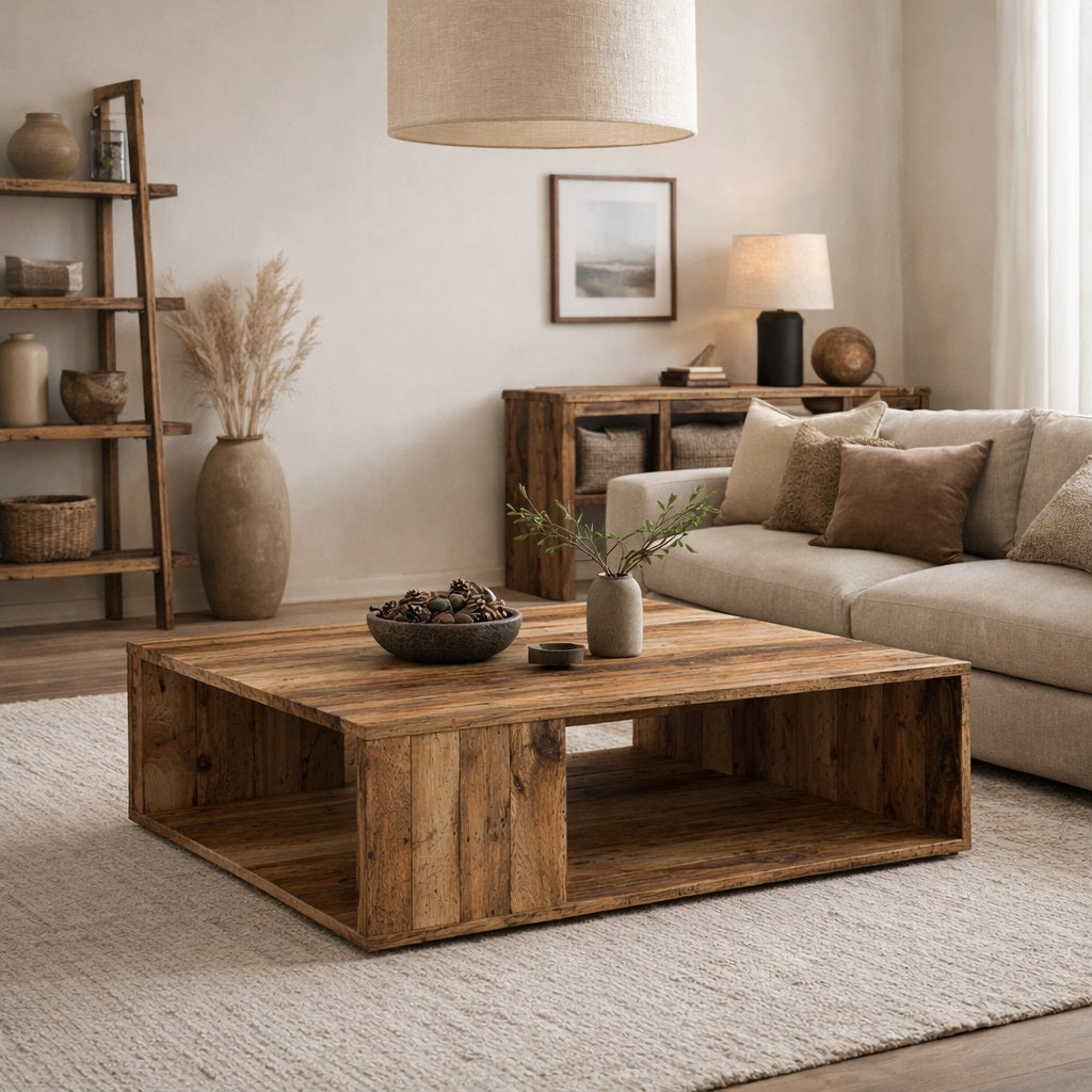 Table basse en bois au charme brut, intégrée dans un salon chaleureux, alliant fonctionnalité et design naturel.