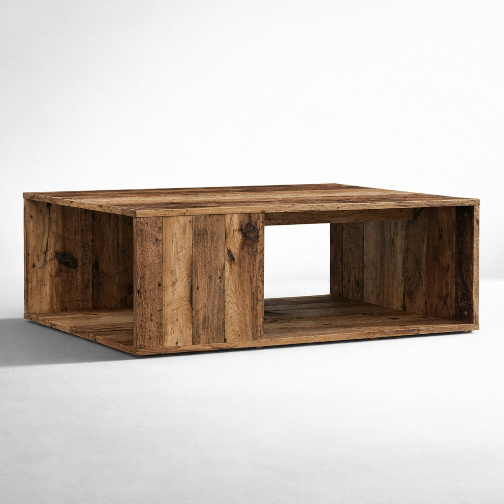 Table basse en bois finition vieux bois, au style authentique, parfaite pour une table basse de salon à caractère naturel.