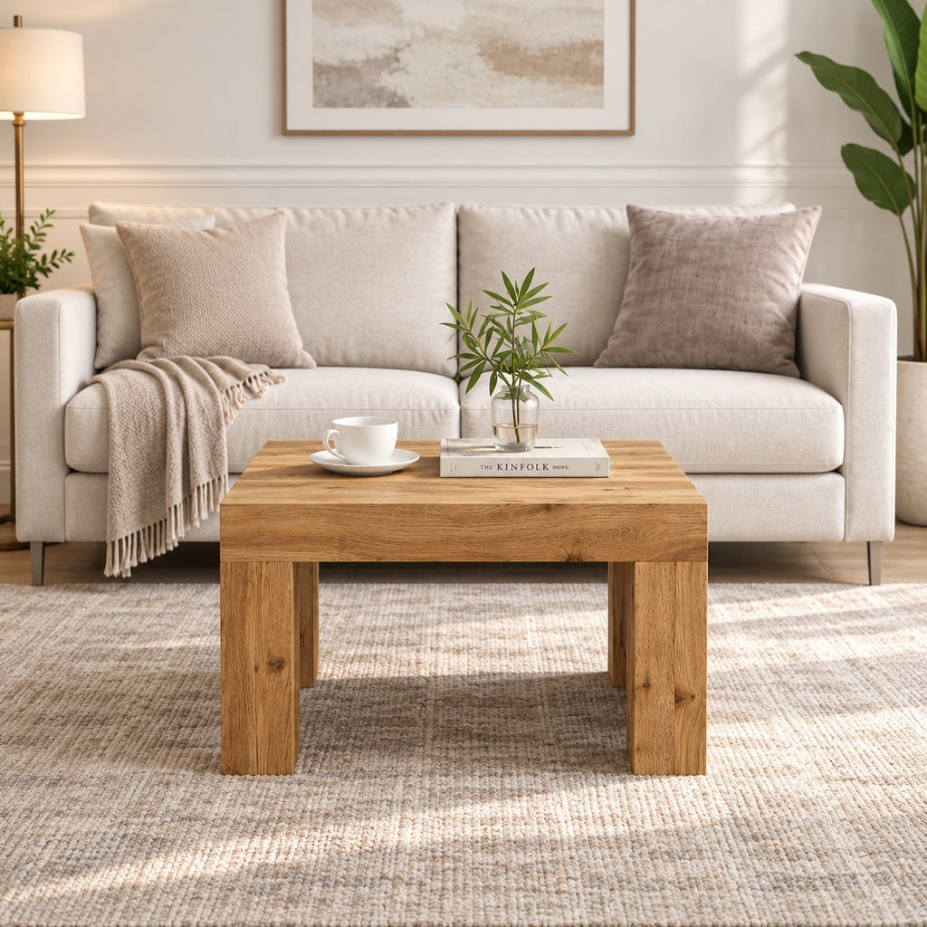 Table basse en bois clair installée dans un salon moderne, vue de face