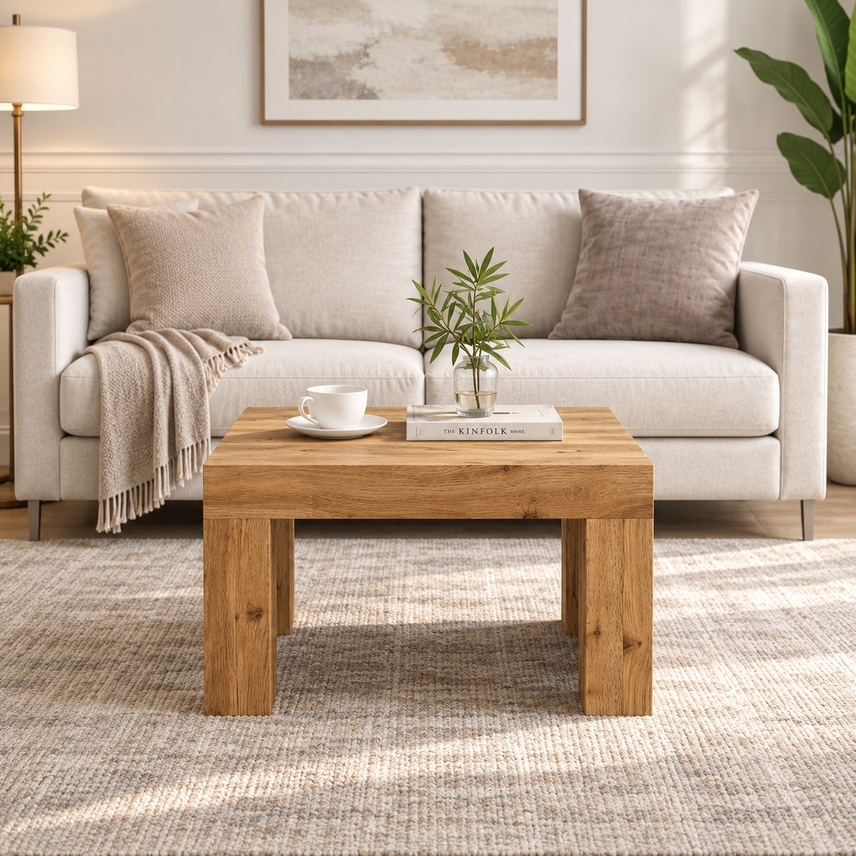 Table basse en bois clair installée dans un salon moderne, vue de face