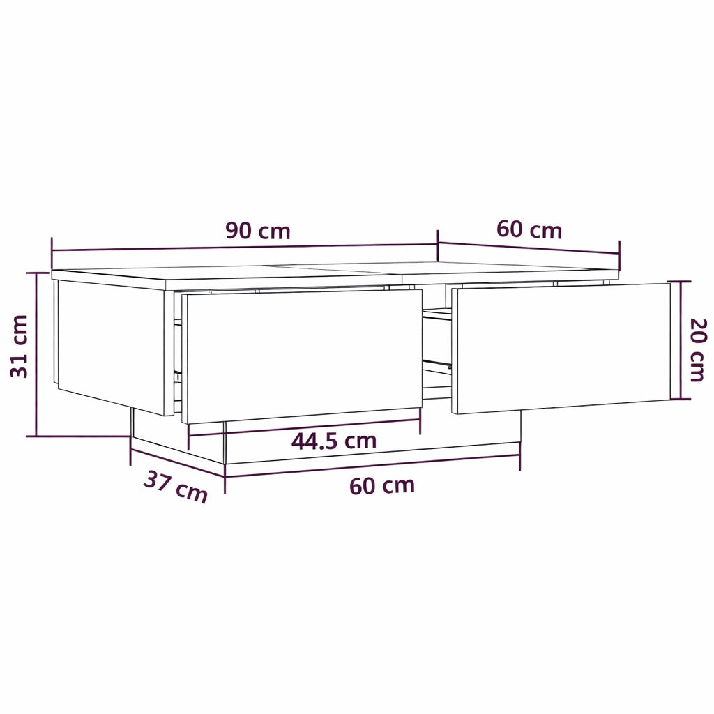 Plan technique table basse en bois avec dimensions détaillées et tiroirs intégrés, design fonctionnel pour salon moderne