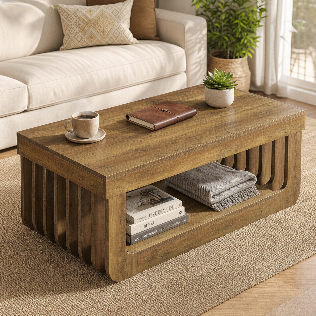 Table basse Savannah en bois, en situation dans un salon lumineux avec canapé beige et tapis en jute