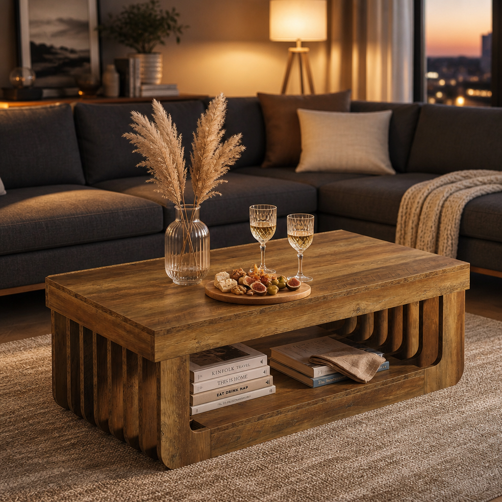 Table basse Savannah en bois, en situation dans un salon cosy en ambiance de soirée avec vue sur la ville