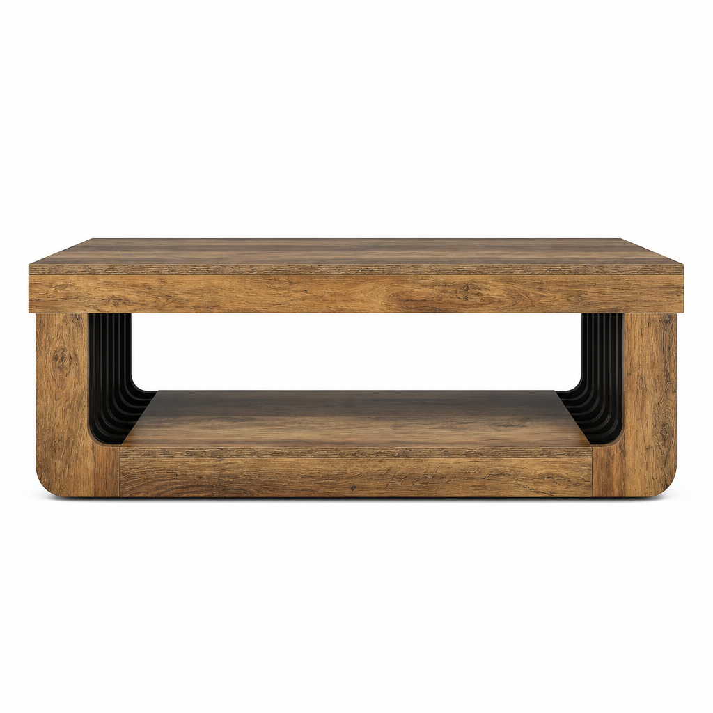 Table basse en bois Savannah, vue de face avec pieds arqués noirs cannelés et rangement ouvert