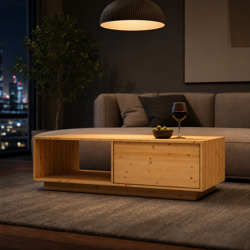 Table basse en bois Solvane en situation dans un salon en soiree avec vue sur la ville et verre de vin